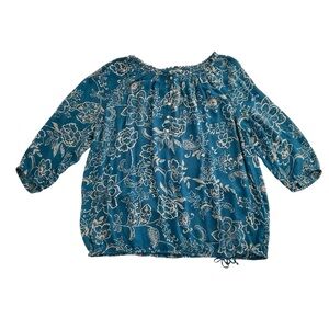 Lucky Brand Floral Peasant Blouse 2XL Teal Cottagecore Lightweight Boho Chic